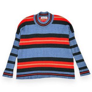 Henrik Vibskov Blue Red Striped Ribbed Knit Mockneck Lightweight Wool Sweater